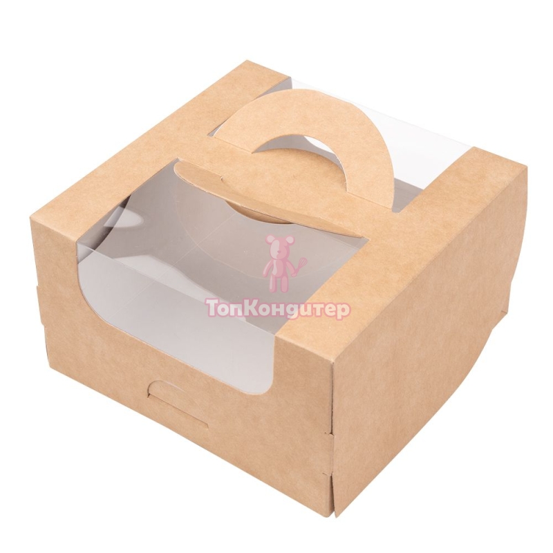 Коробка для бенто-торта с ручками с окном крафт 140х140х80 мм